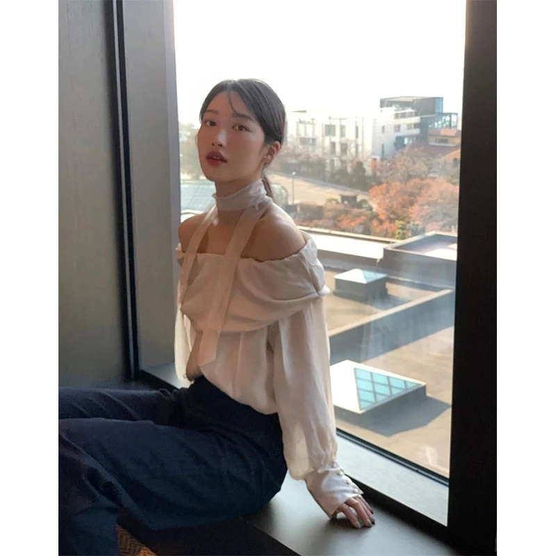 

Ele Korean Dongdaemun 26 Spring Autumn One oulder Flared Sa Glitter irt Women Loose Fit Long Sve One-oulder Bl...