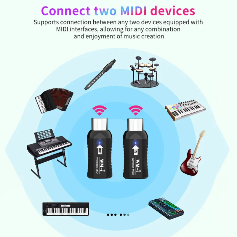 Wireless MIDI Adapter Rechargeable Audio Transmitter Receiver 2.4GHz Ultra-Low Latency Built-in Silent Portable MIDI Connector