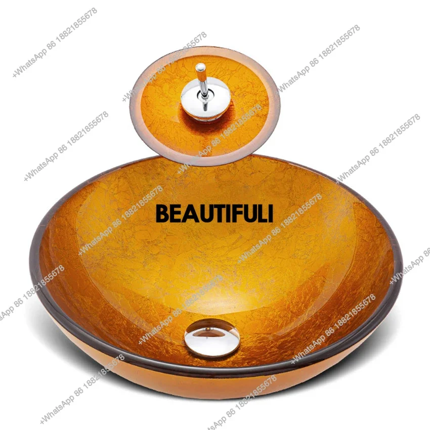 

Настольная раковина из закаленного стекла RR с водопадным смесителем для ванной комнаты, комплект смесителя для умывальника