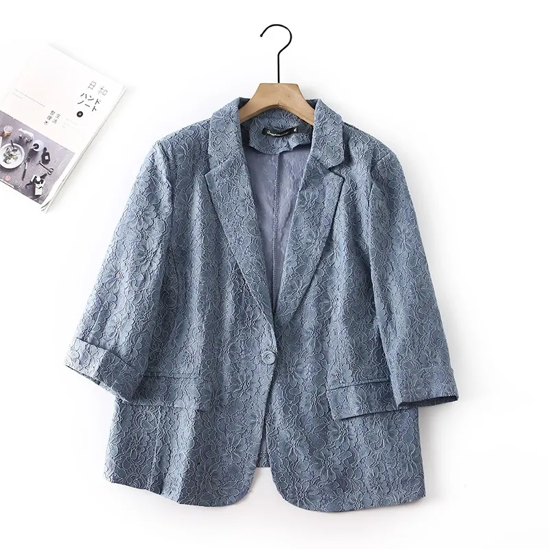 Spring Summer Casual Large Size Ladies Jacket Loose Fit Vintage Lace Seven Sleeve Suitcoat Stylish plus Size Outerwear