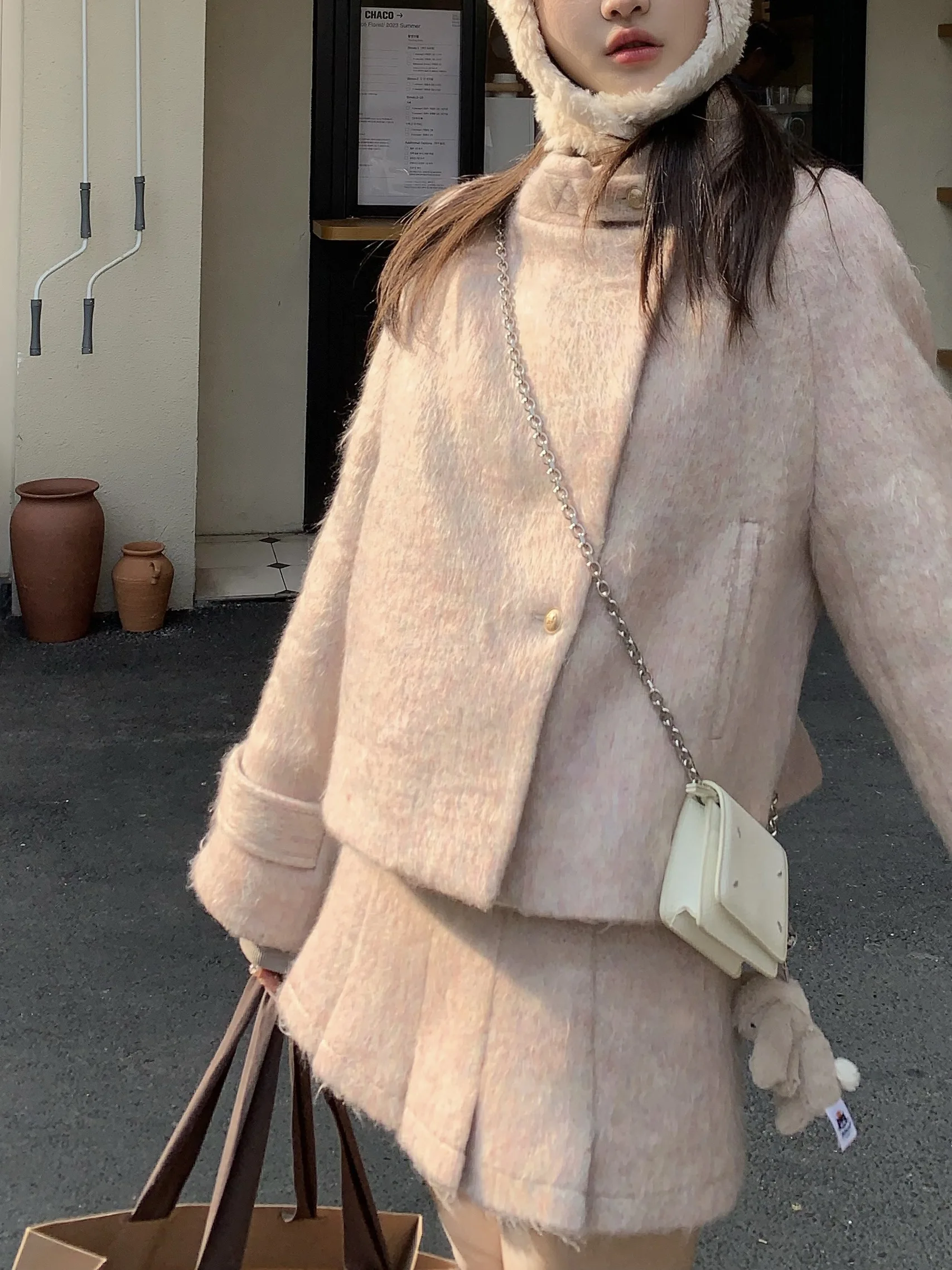 

Faionable розовый шерстяной комплект из двух предметов для женщин, зимняя коллекция 2025 Ele Ensemble, повседневная одежда прямого кроя