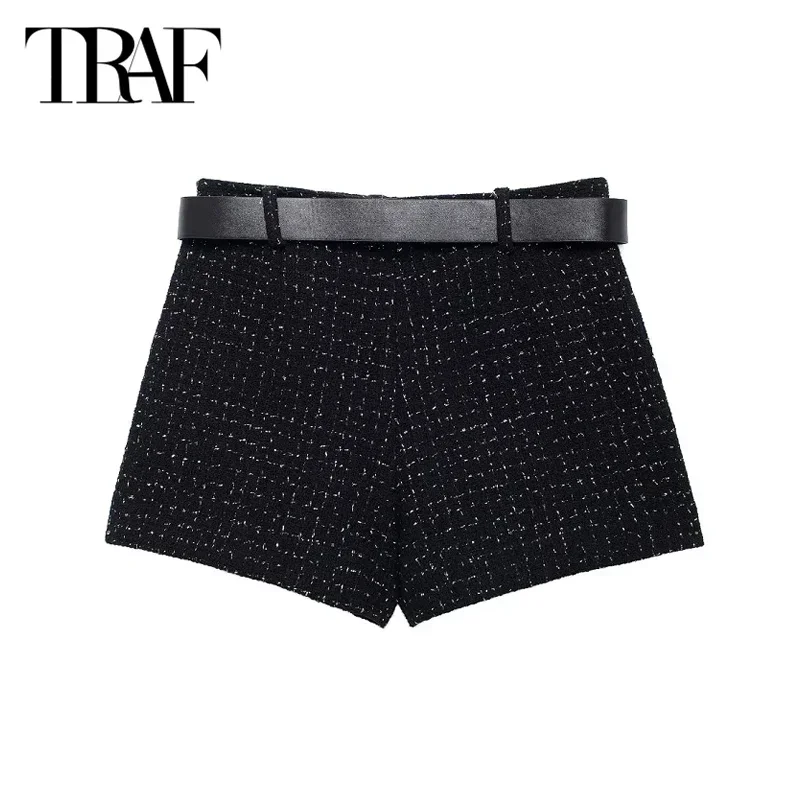 TRAF Plaid Women's Skirt Pants Belt Black Shorts Women Mid Waist Skirt Shorts Autumn Casual Mini Skirt Pants Tweed Short Skirt