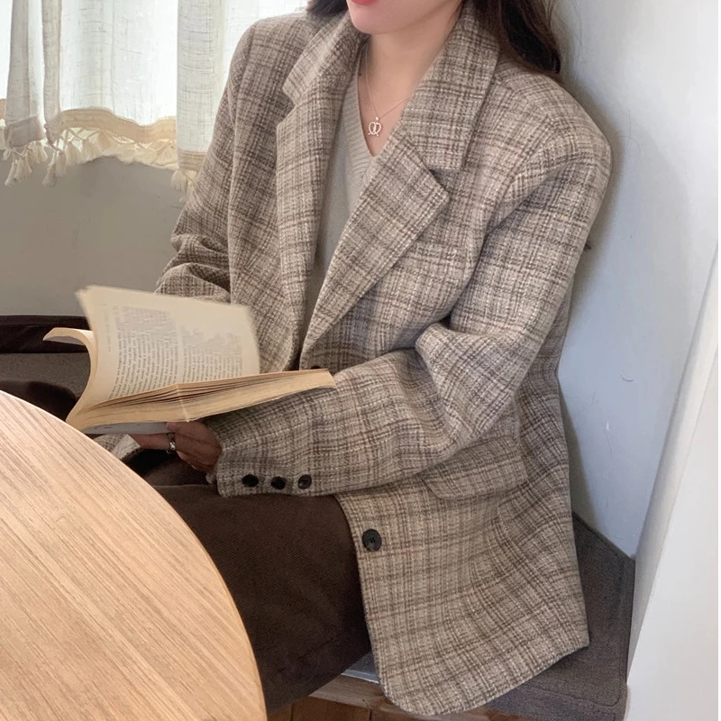 Women's Autumn and Winter New Retro Blazer Contrast Color Plaid Lapel Wool Casual Suit Long Sleeve Single-breasted Jacket