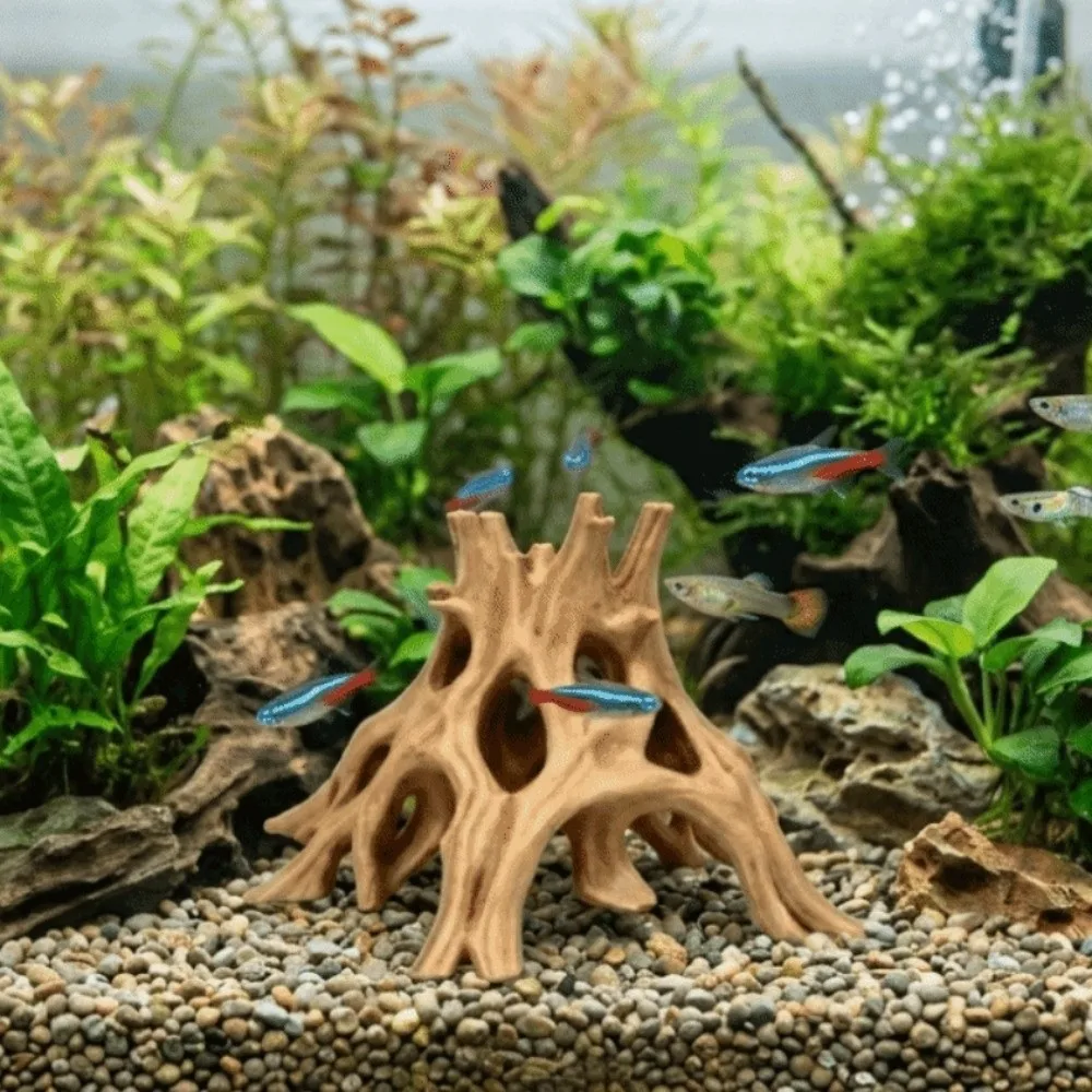 Tree Trunk Fish Shrimp Hiding Cave 3D Printed Unique Aquarium Fish Shelter Multi-Hole Plastic Driftwood Landscape
