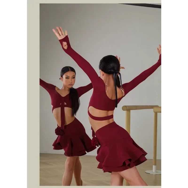 

customized ZYM Same Style Girl Autumn/Winter Latin Dance One Shoulder Long Sleeve Top Irregular Large Swing Skirt Split Set
