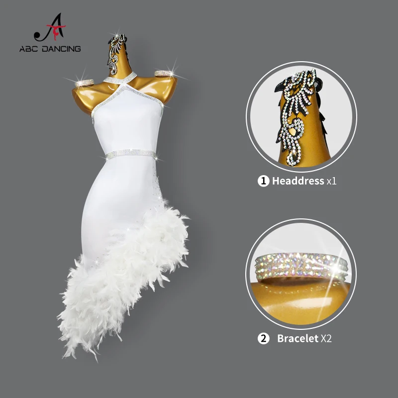 New White Latin Dance Professional Competition Dress Sexy Female Performance Feather Skirt Ballroom Practice Wear Costume Ladies