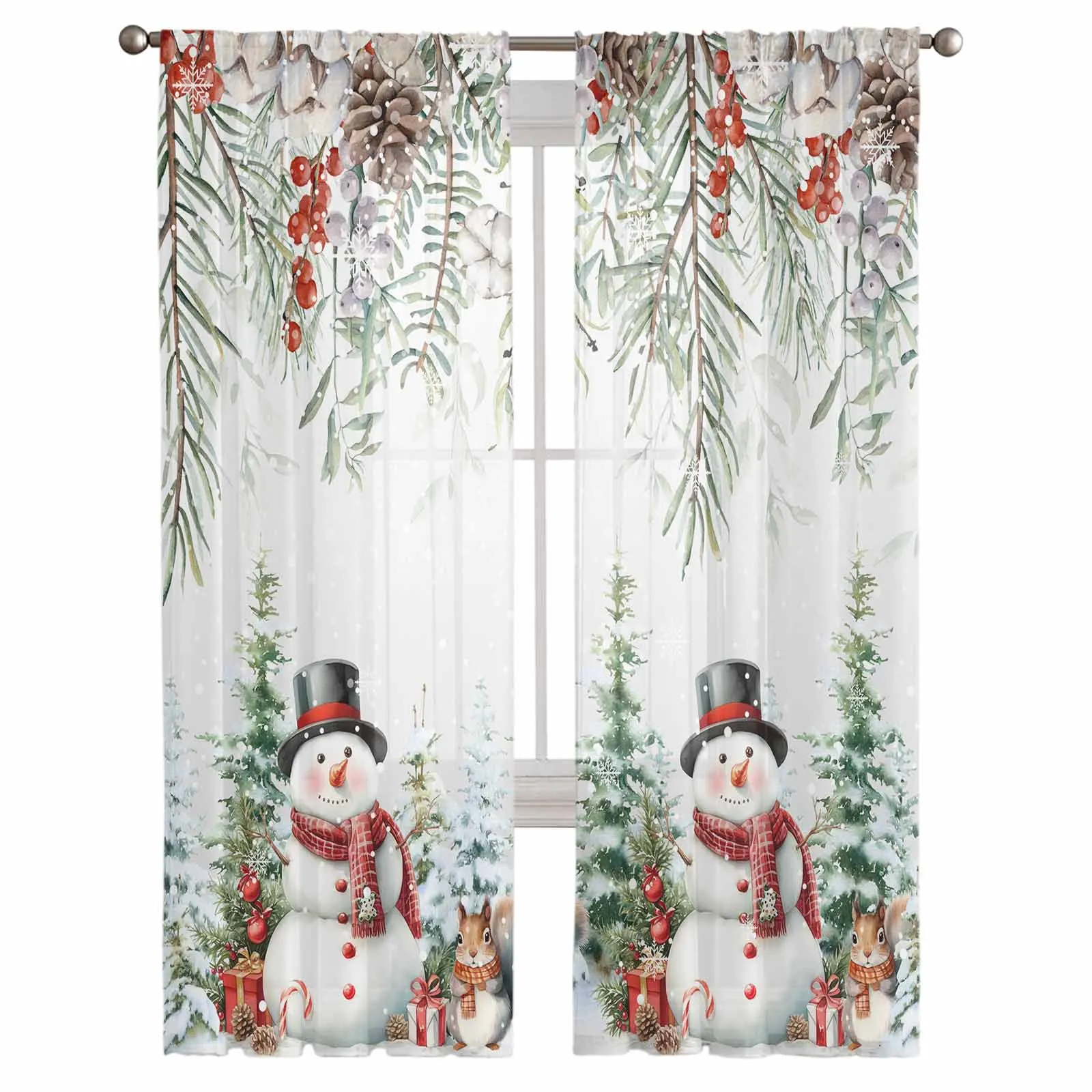 Christmas Berry Pine Snowman Tree Squirrel Sheer Curtains For Living Room Modern Valance Curtains For Kitchen Tulle Curtains