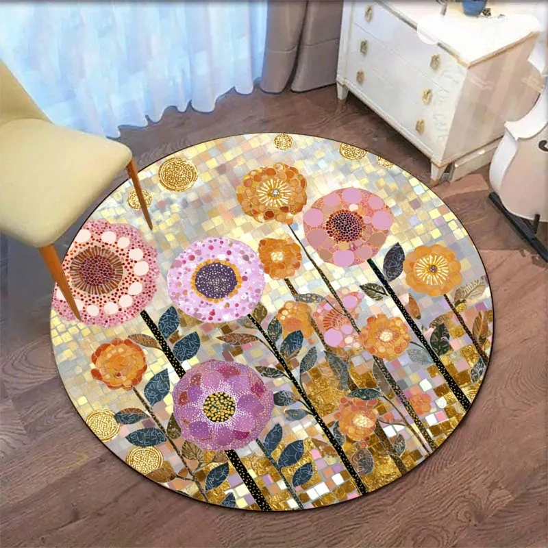 Gustav Klimt Style Mosaic Floral Round Rug Gold Glitter Tile Flower Circular Mat  Non Slip Floor Carpet Luxury Bedroom  Carpet