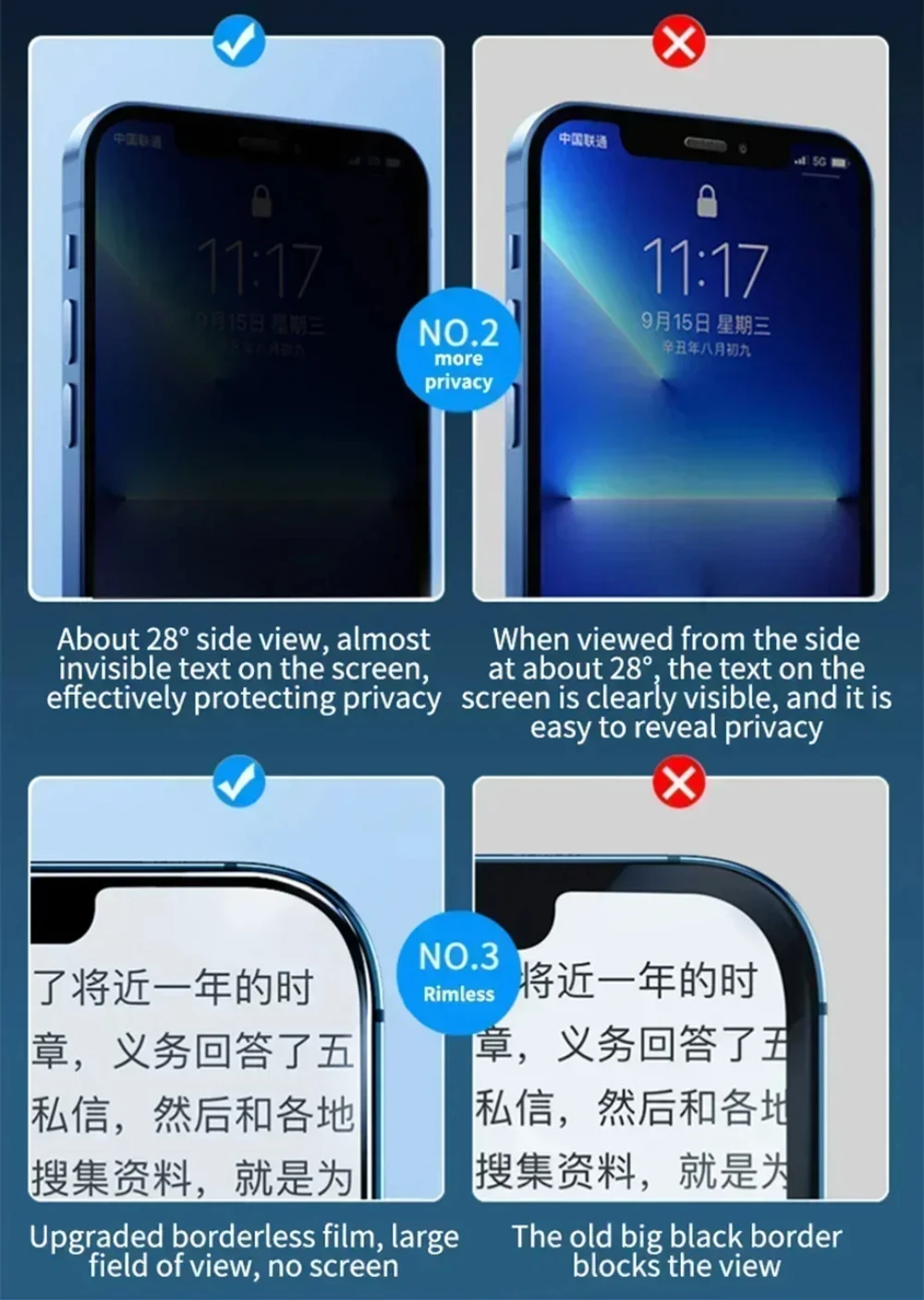 NNBILI 4-teiliger Vollbild-Sichtschutz für iPhone 11 12 13 14 15 16 17 18 Pro Max Anti-Spy-Glas für iPhone 18Pro Glas – Detail 4