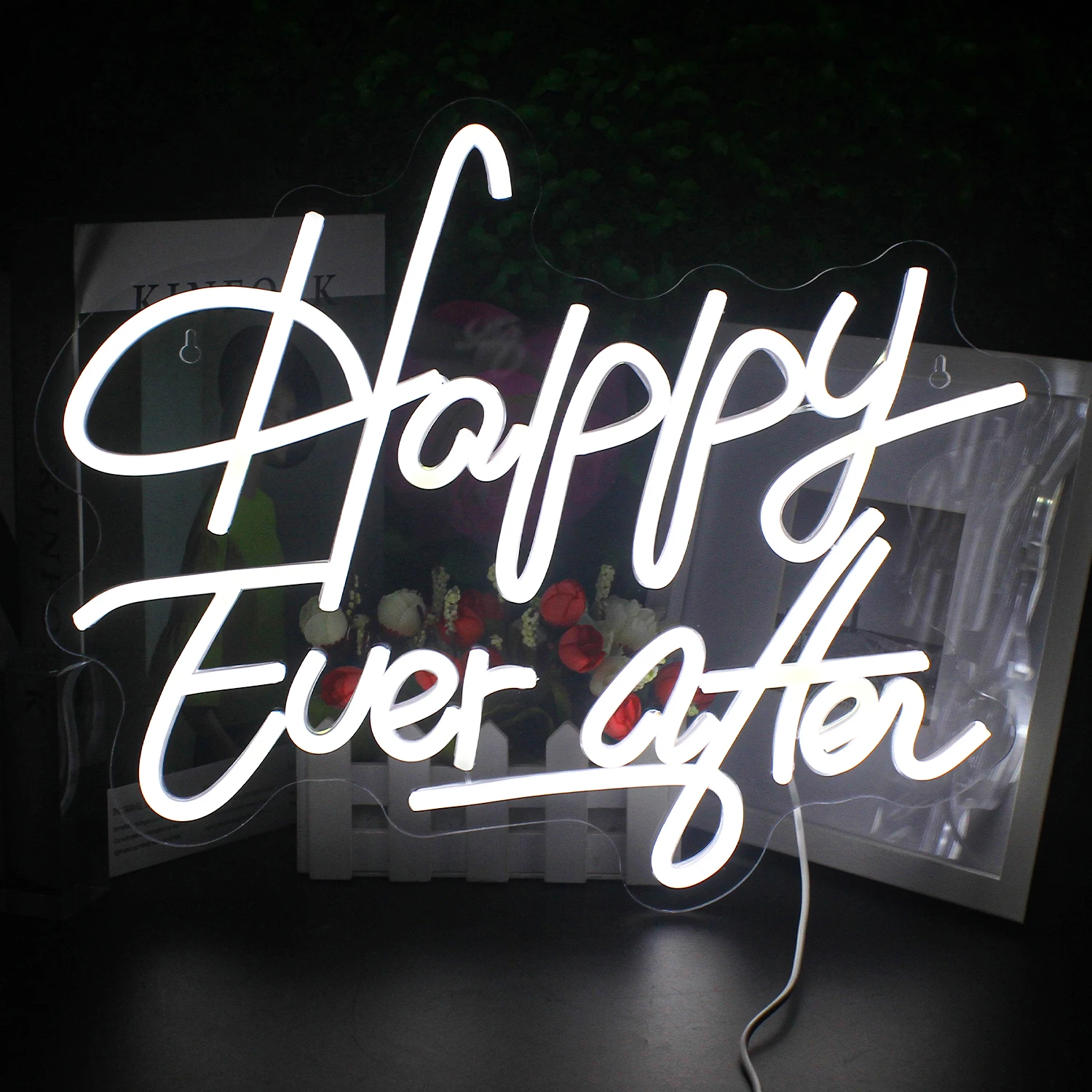 Enseigne au néon LED Happy Ever After, décoration de mariage, chambre à coucher, dimensions de la maison, fête d'âge, lettre, chambre, art, applique murale