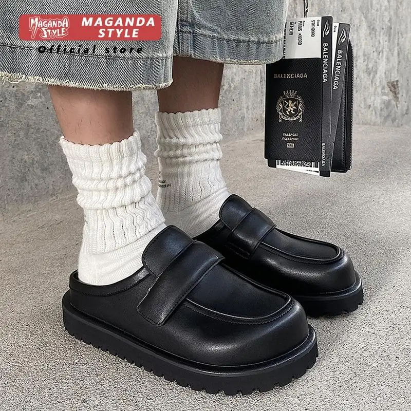 retro-black-boken-shoes-for-men's-outdoor-wear-2025-new-thick-soled-leather-slippers-casual-muller-shoes