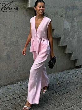 סטים ורודים מודרניים מבד כותנה לנשים Oymimi, שני חלקים, חולצות עם כפתור יחיד ומכנסיים ישרים