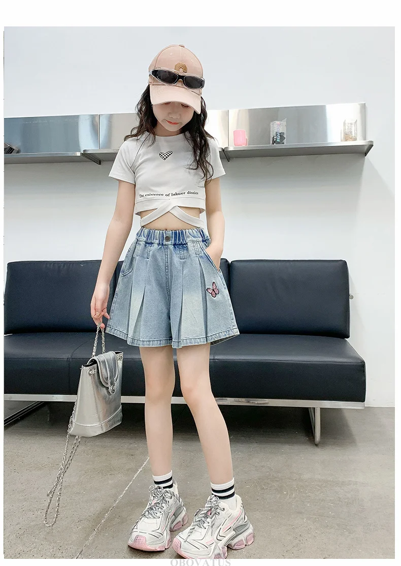Modische Mädchen-Sommer-Denim-Shorts mit Schmetterling, elegante, modische, plissierte Shorts für Kinder und Teenager, lässige knielange Jeanshose, Größe 5-14 – Detail 2