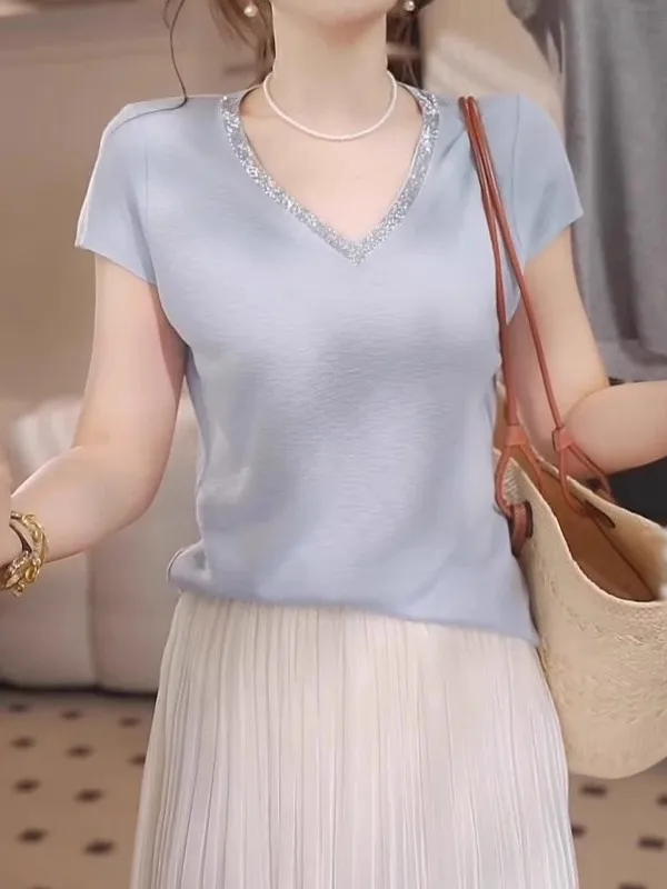 

Женская трикотажная футболка с V-образным вырезом и стразами, больших размеров, утягивающая, в корейском стиле, летняя мода
