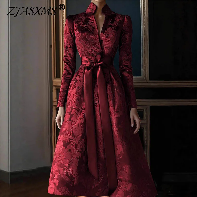 Vestido largo Retro de satén con estampado Floral y lazo con cordones, vestido de fiesta elegante de cintura alta con cuello en V para primavera y otoño, vestidos largos de manga larga para mujer