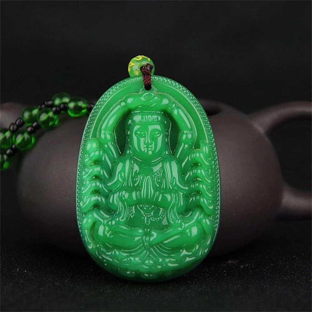 Charm Green Jade Hand-Carved Thousand Hand GuanYin MaZu Stone Jade Pendant Chinese Amulet Necklace Lover's Lucky Jewelry Gift