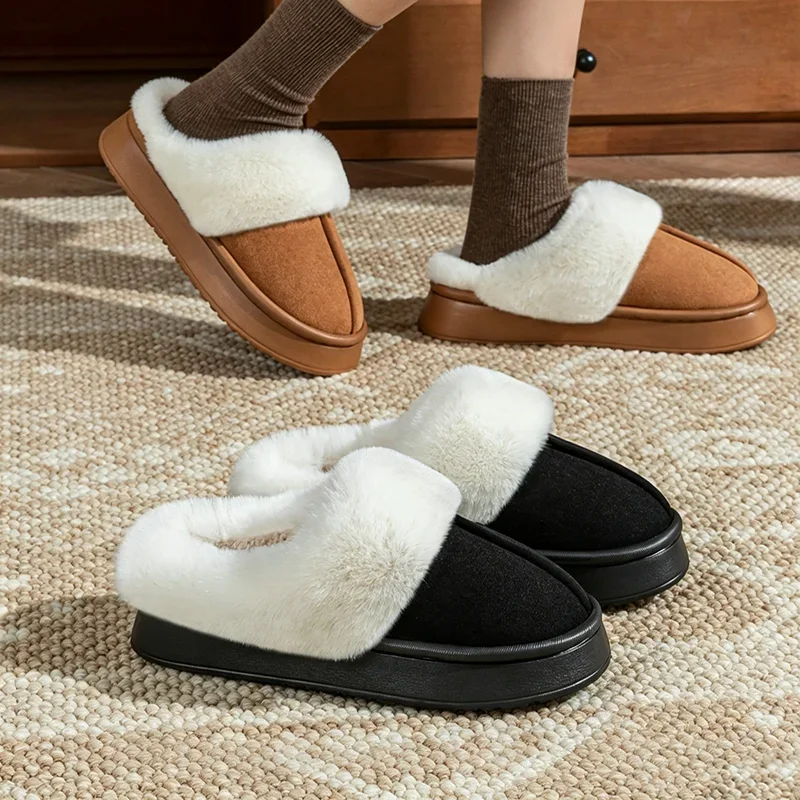 Chunky Platform Long Plush Warm Winter Slippers for Women 2026 Non Slip Flock Home Indoor Shoes Woman Slip On Cotton Mule Slides image 4