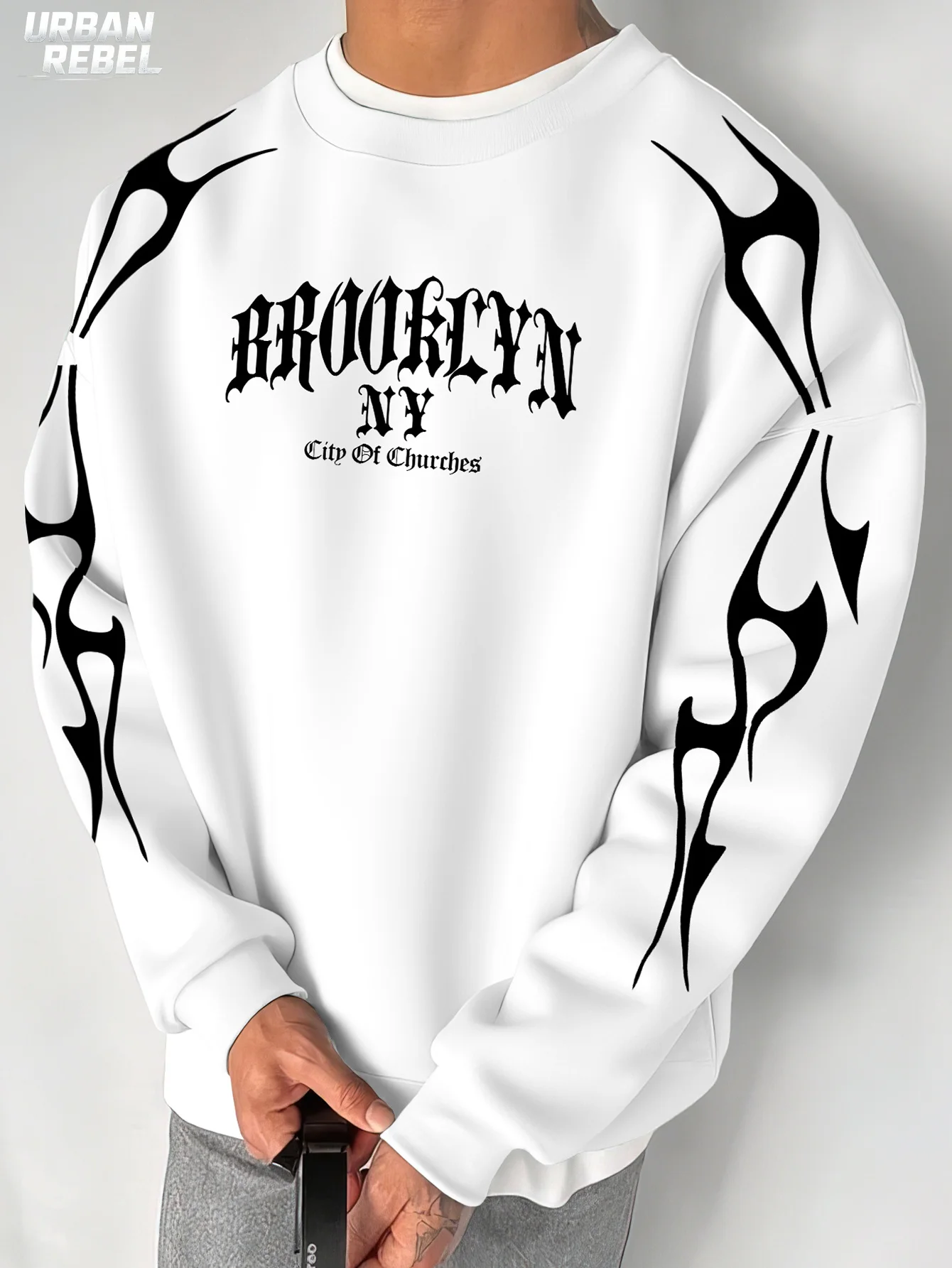 Y2K Gothic Streetwear Men's Oversized Crewneck Sweatshirt with Brooklyn NY Graphic Print Loose Fit Casual Daily Street Fashion