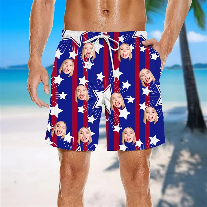 تخصيص الوجه نمط شورتات للبحر الرجال يوم الاستقلال الأمريكي سراويل للسباحة الصيف الشارع الرياضة في الهواء الطلق مجلس السراويل