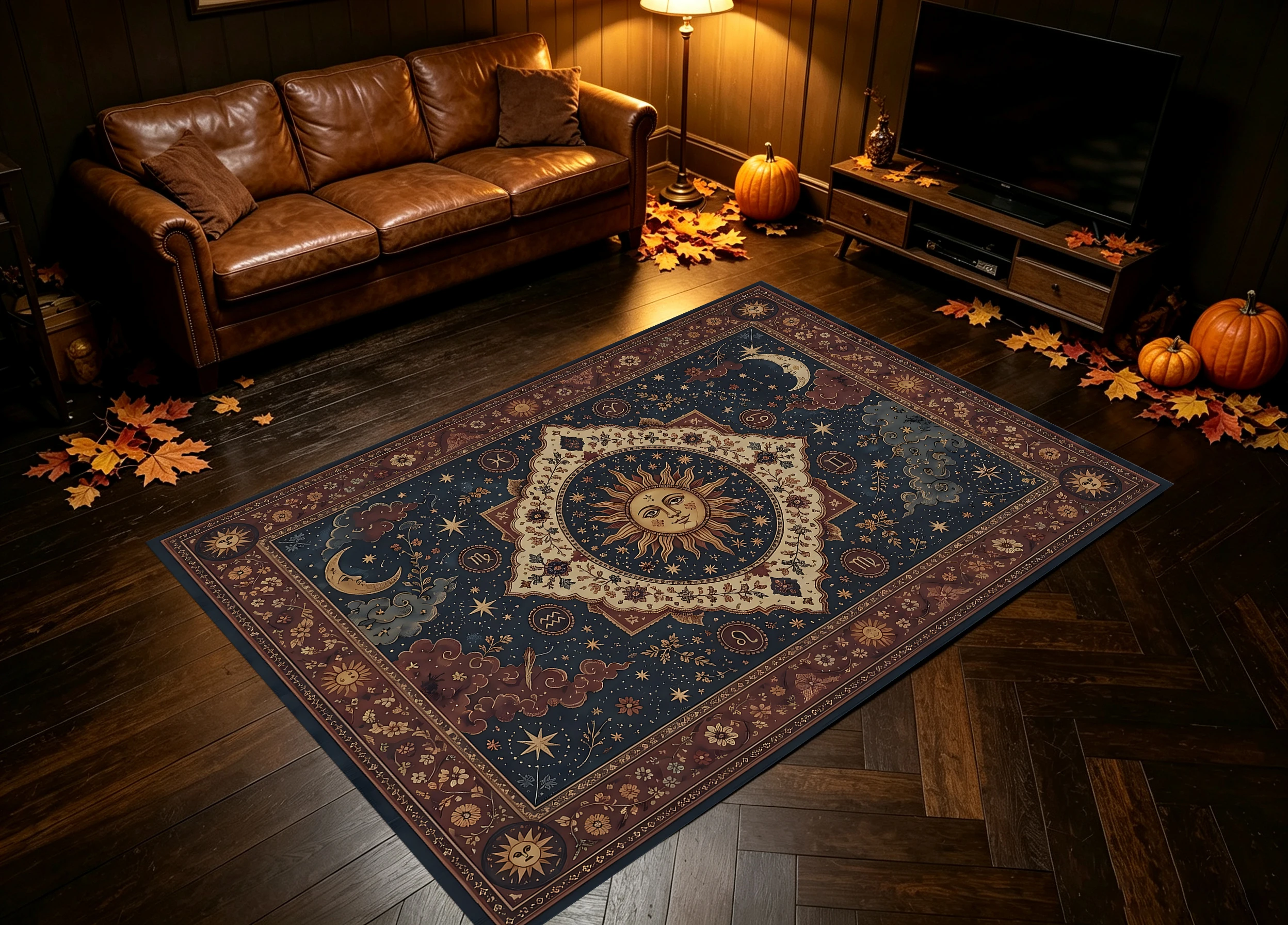 Rug 2D Retro Pattern Carpet with Sun, Moon & Stars Design, Navy Blue/Brown, Retro Astrological Style, Soft & Skin-Friendly