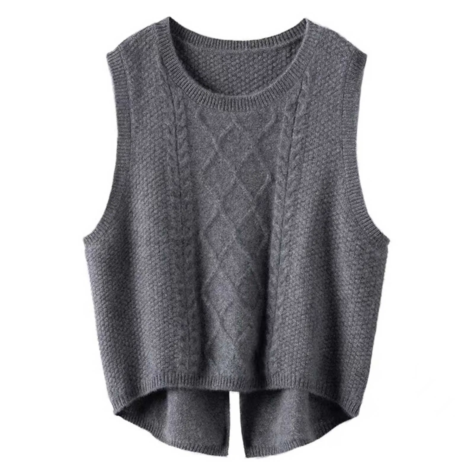 New Women\'s 100% Pure Wool Round Neck Vest Chic Tuxedo Vest Autumn And Winter Sleeveless Vest Loose Short Split Knit Sweater