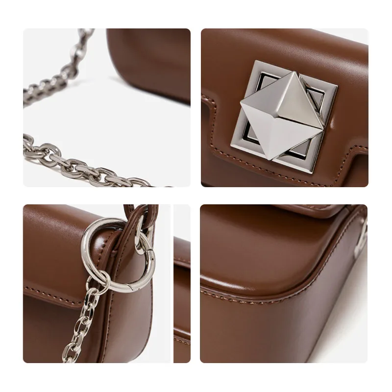 Aidrani Women Genuine Cowhide Rectangle Shoulder Bag, Metal Lock Closure, Detachable Chain Strap Vintage Daily Evening Handbag