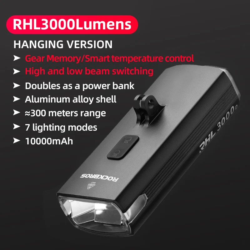 ROCKBROS Bicycle Head Light 3000LM High Brightness Lightweight Aluminum Alloy Front Light Type-C Charging Light Bike Accessories