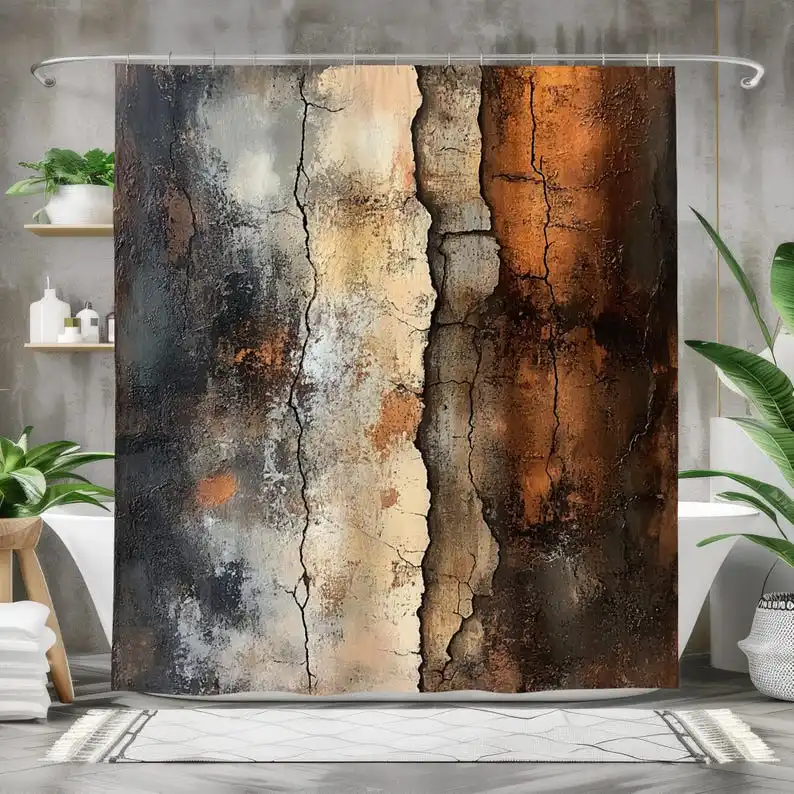 Cortina de banho abstrata - laranja, bege, tons cinza, arte de textura de parede exclusiva, tecido impermeável, decoração moderna de banheiro