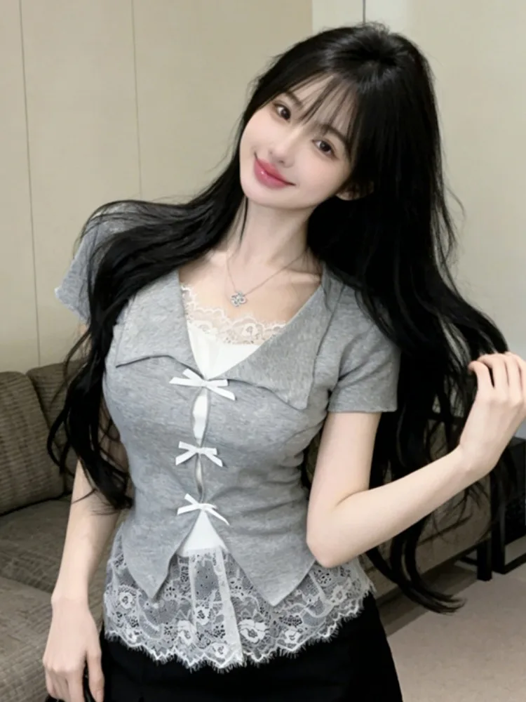 Sweet Style  Knot Lace Splice Short Sleeve Women's Top Summer Fake Two-Piece T-Shirt Elegant Short Shirt Citywalk