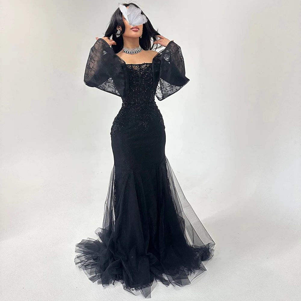 

Customized Boat Neck Simple Tulle Evening Dress ILLUSION Full Sleeves With Lace Pleat Party Dress Mermaid Floor Length Prom Gown