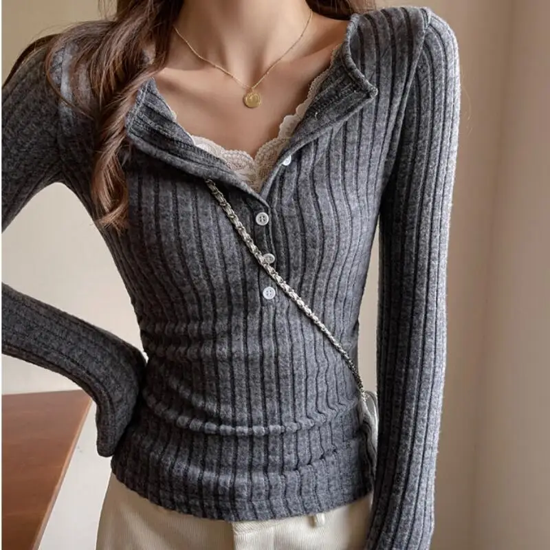 

American lace patchwork design with front shoulder long sleeved women's inner layer for spring and autumn slim fit base shirt