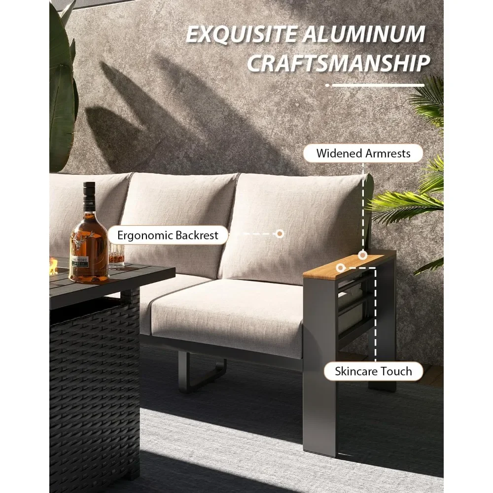 Juego de muebles de aluminio para patio al aire libre, sofá seccional para exteriores de 8 piezas con mesa para fogones de gas propano de 44 pulgadas con tapizado