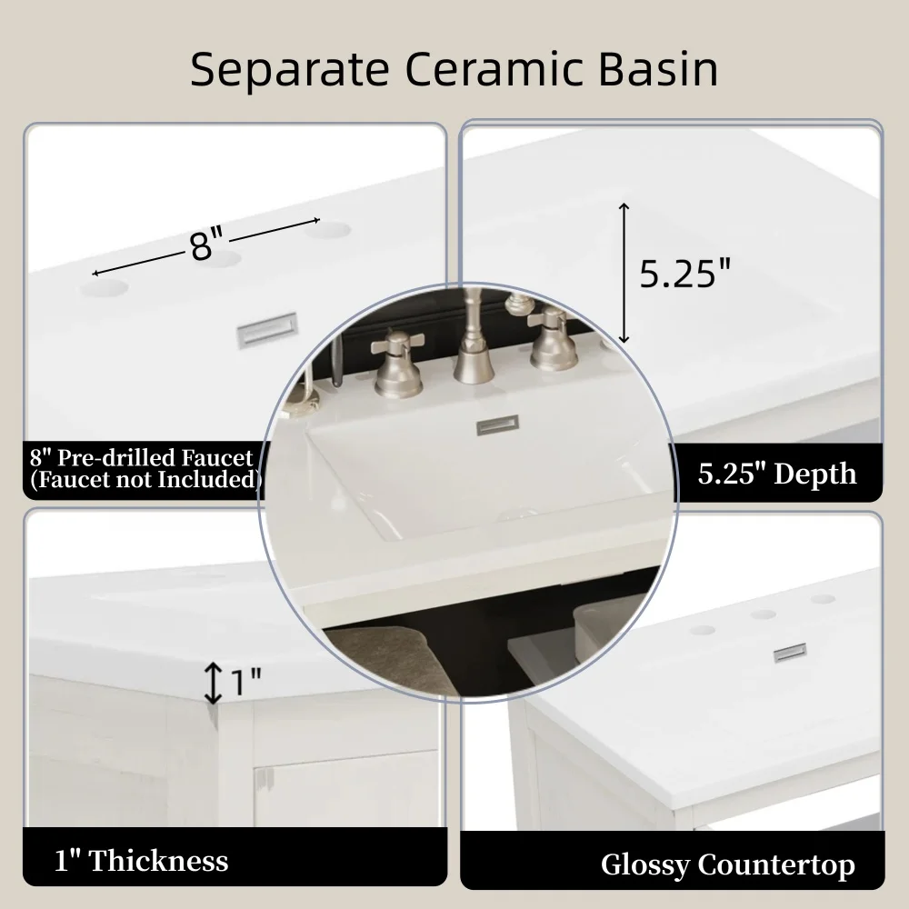 30Inch Vintage Rustic Bathroom Vanity - Antique White with Faux Aged Finish, Ceramic Sink, Bronze Pulls and 2 Soft-Closing Doors