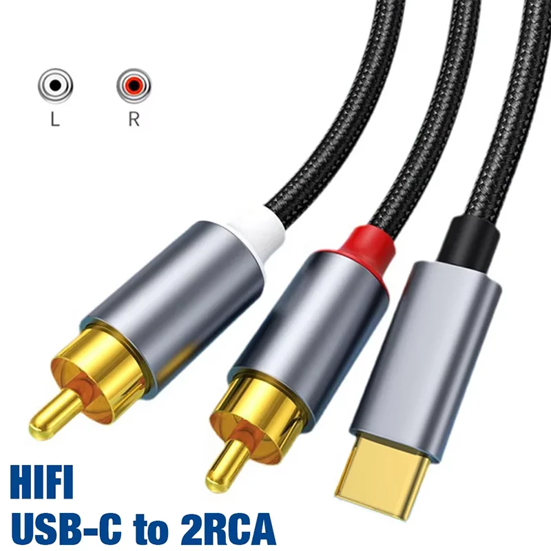 High quality USB Type C to 2 RCA Cable Y Splitter For iPhone 15 Samsung Audio Converter Adapter To Subwoofer PC Amplifier TV Car