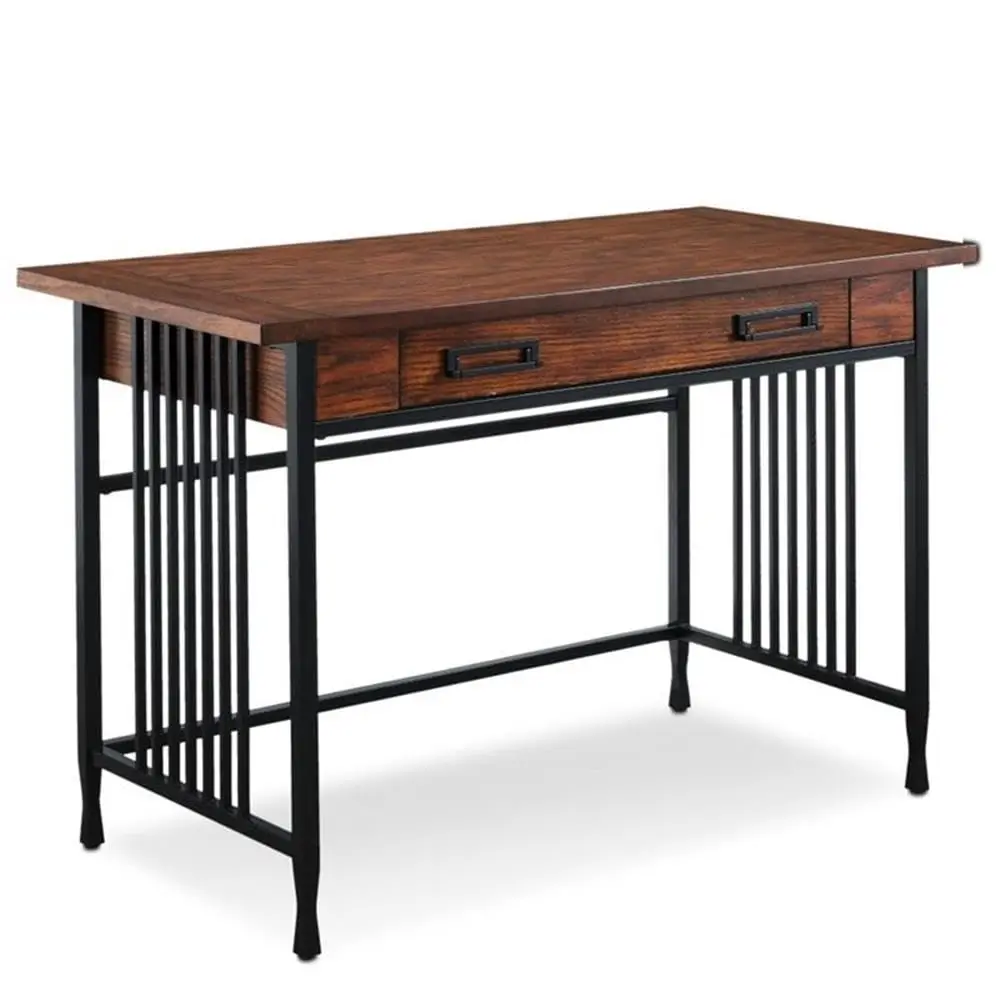 Oak Computer Desk Home Office Writing Desk Drop Front Drawer Hardwood Veneer Black Steel Base 46x22x30in, Customized