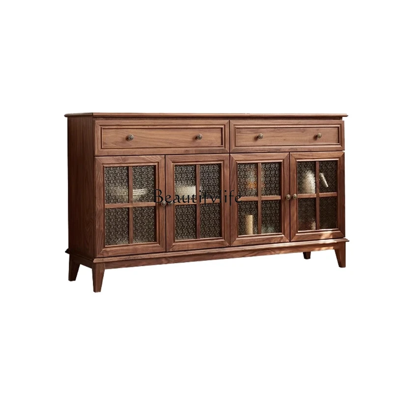 

American Style All Solid Wood Vintage Glass Door Sideboard Cabinet Living Room Storage Locker