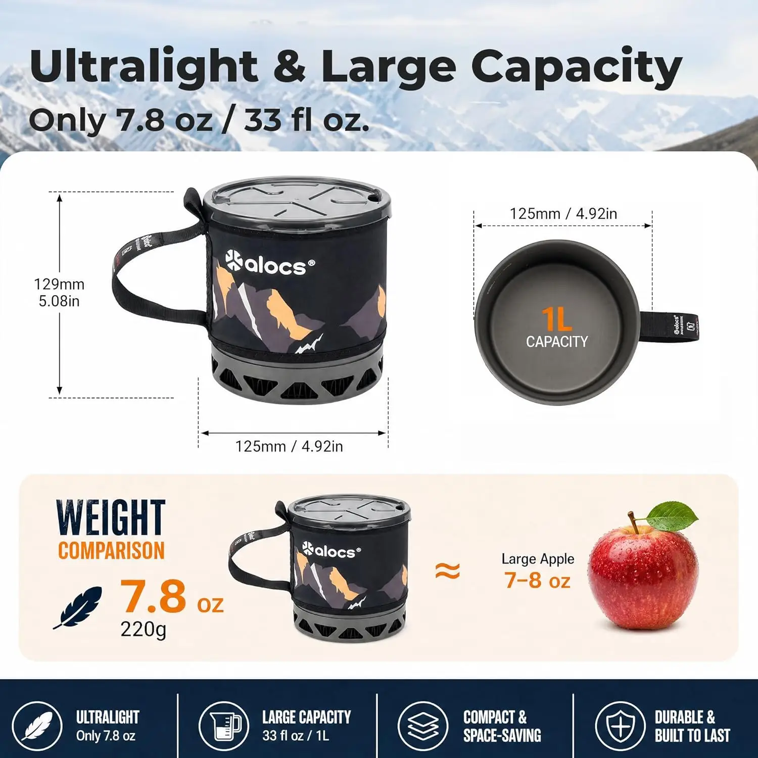 Alocs 1L (1-Quart) Ultralight Backpacking Camping Pot with Heat Exchanger ,Insulated Sleeve & Strainer Lid for Hiking Travel