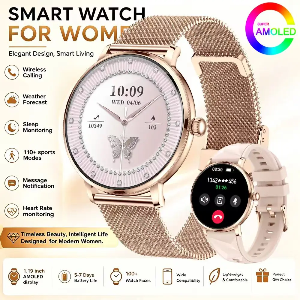 Reloj Inteligente Elegante de Grado Militar Modelo 2026, Pantalla AMOLED de 1.19 Pulgadas, Monitoreo de Frecuencia Cardíaca y Oxígeno en Sangre, Llamadas Bluetooth