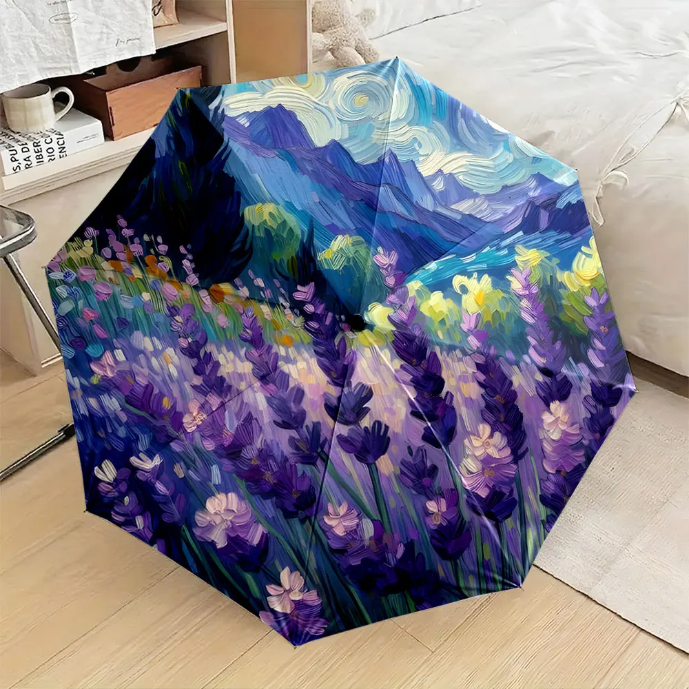 1PC Van Gogh-Inspired Umbrella with Lavender Field Design Print 8 Iron Ribs Folding Umbrella Auto-Open Fashion Sunshade