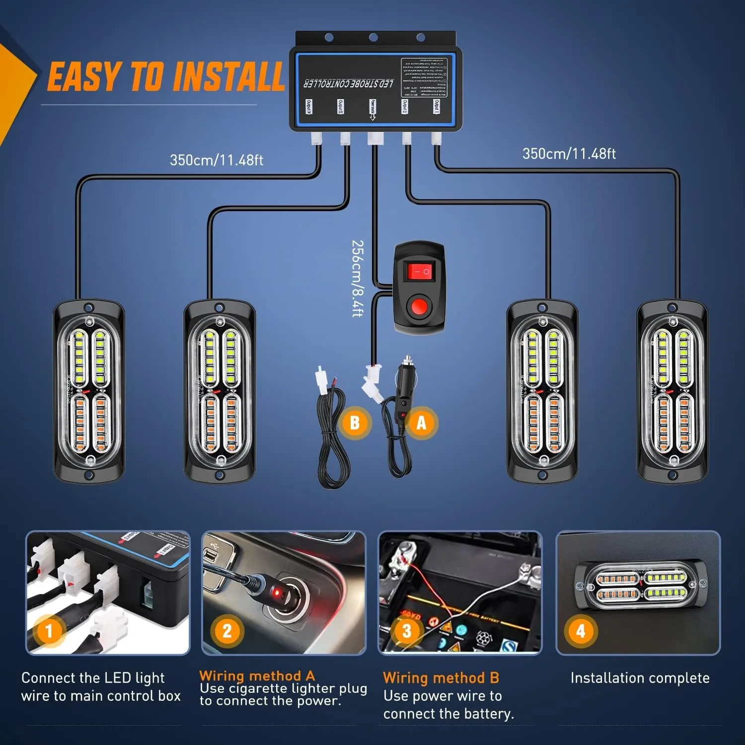 Nilight 4PCS 24 LED Strobe Lights, Amber White Emergency Warning Lights with Sync Function, Controller, Hardwire & Cigarette Lighter Plug for Truck, Car, RV & Camper