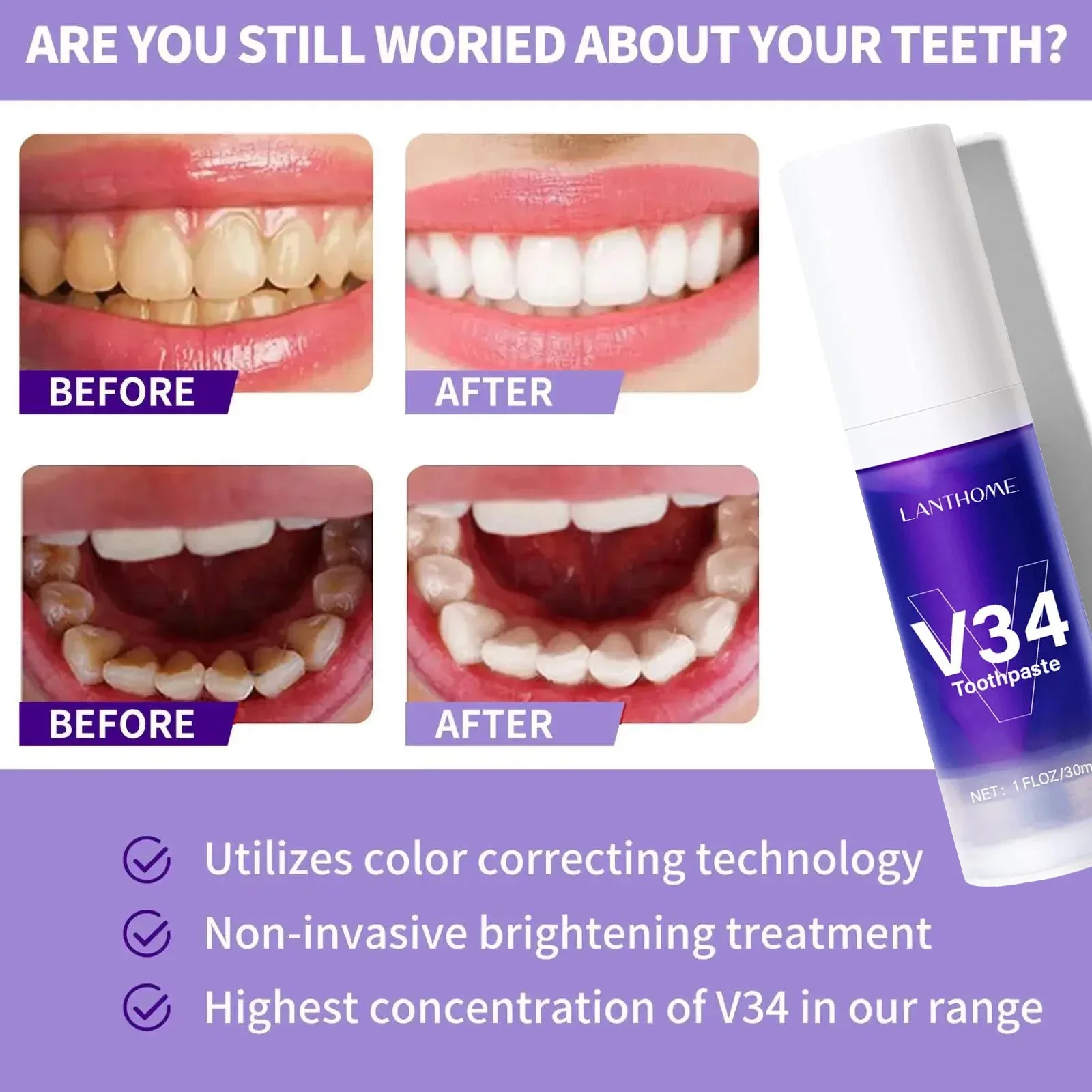 V34 Pro Smile Removal Plaque Stain Purple Corrector Teeth Whitening Toothpaste Enamel Care Easy Reduce Yellowing Oral Clean New images - 6