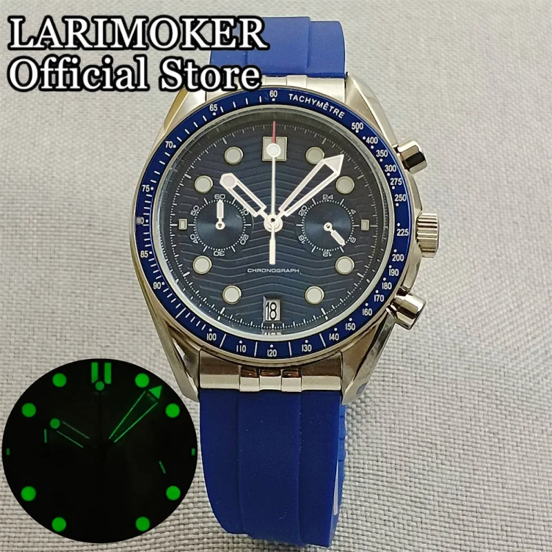 

LARIMOKER 39mm VK64 Chronograph Quartz Men's Watch Sapphire Glass Luminous Blue Black White Wave Dial 6O'clock Date Rubber Strap