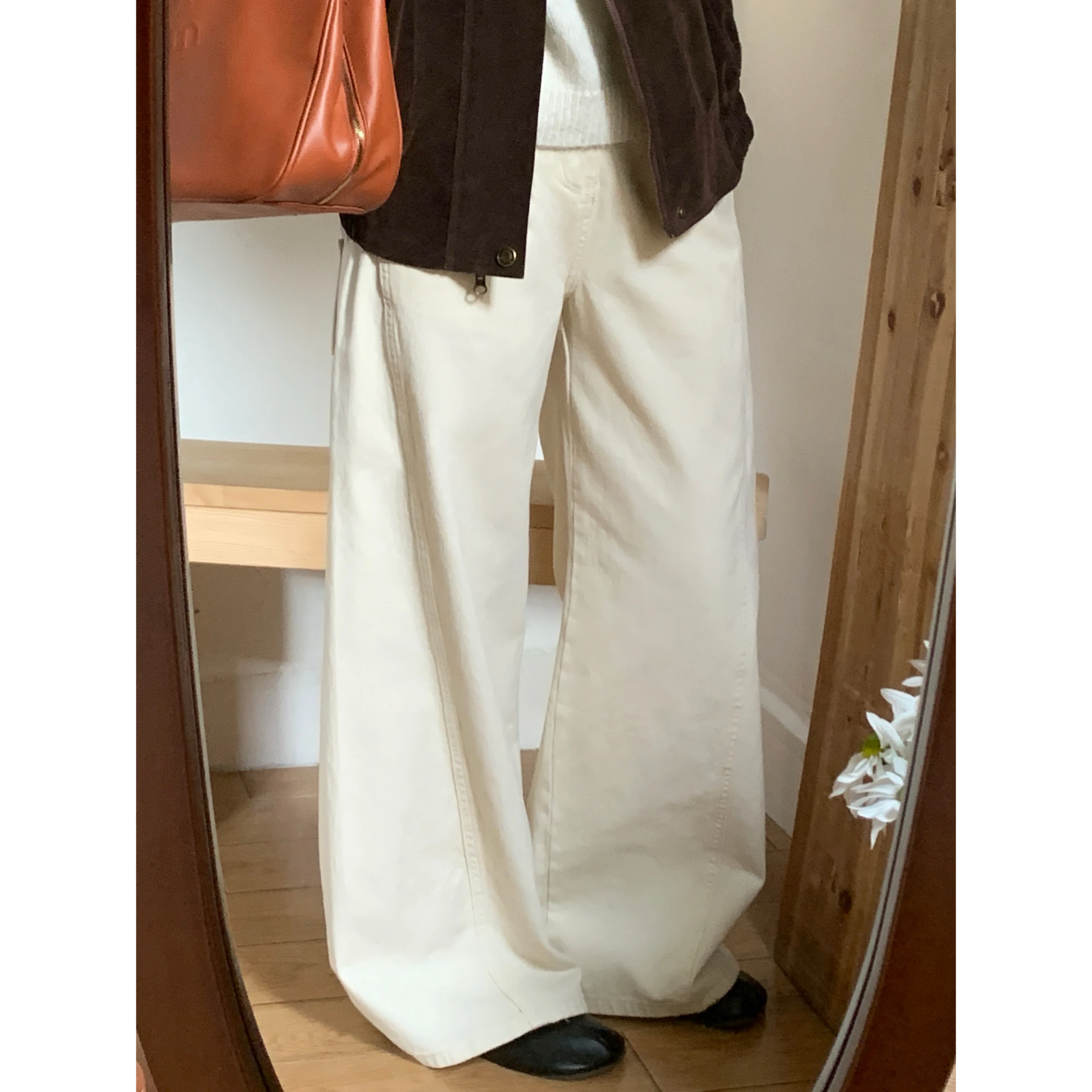 

Korean Style Versatile 1oo Cotton Wheat Color Denim Pants Women's Straight Loose High Waist Slim Wide Leg Casual Floor-Length...