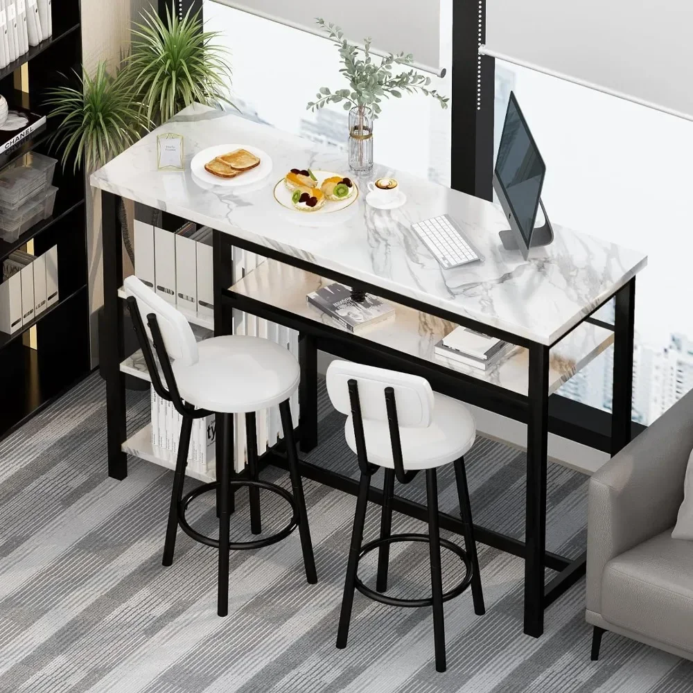 

#For 3 Piece Bar Table and Stool Set,Modern White Faux Marble Table & 3 PU Mat Bar Stools,Kitchen Counter with 2 Levels Storage