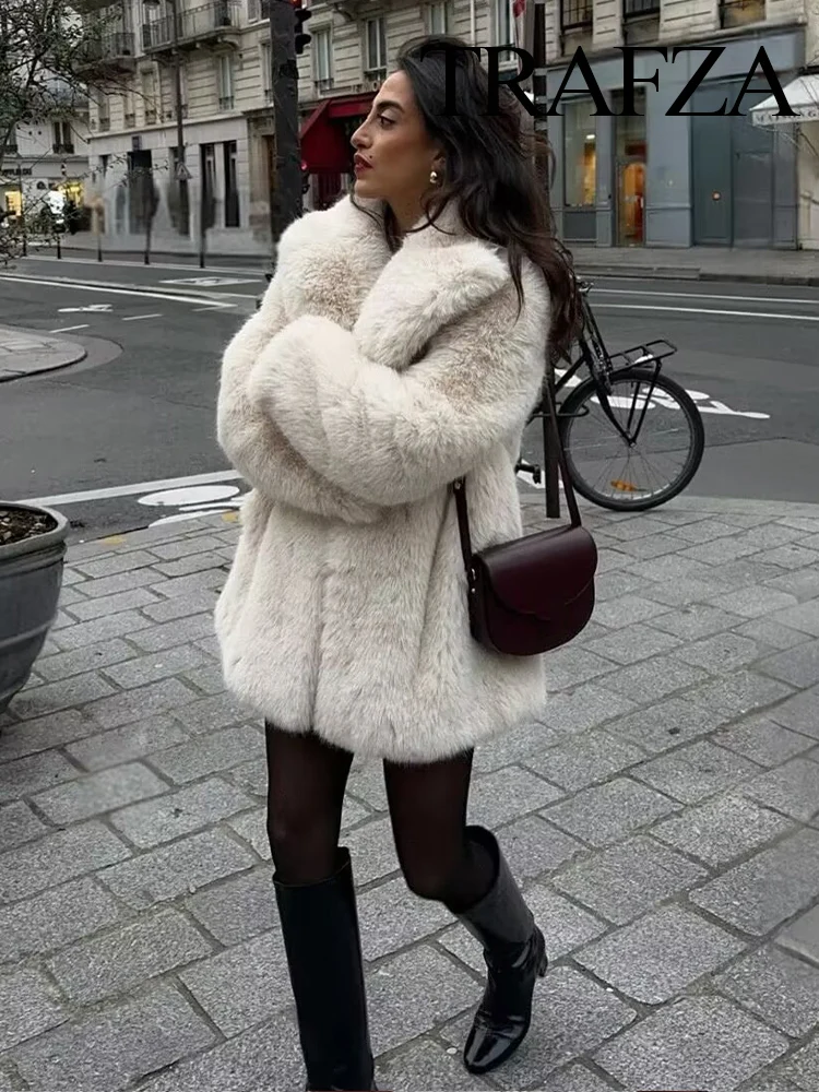 TRAFZA Women Winter Fashion Lapel Solid Pockets Long Sleeves Fur Coats Female Vintage High Street Causal Warm Fur Jacket Mujer - Image 6