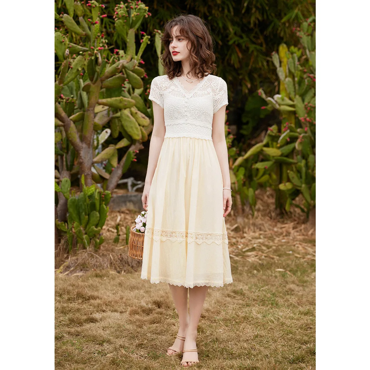 LOUIS YAO Women Dress Elegant Lace V Neck Short Sleeve 2024 Summer A-LINE Slim Fit Long Apricot Dress