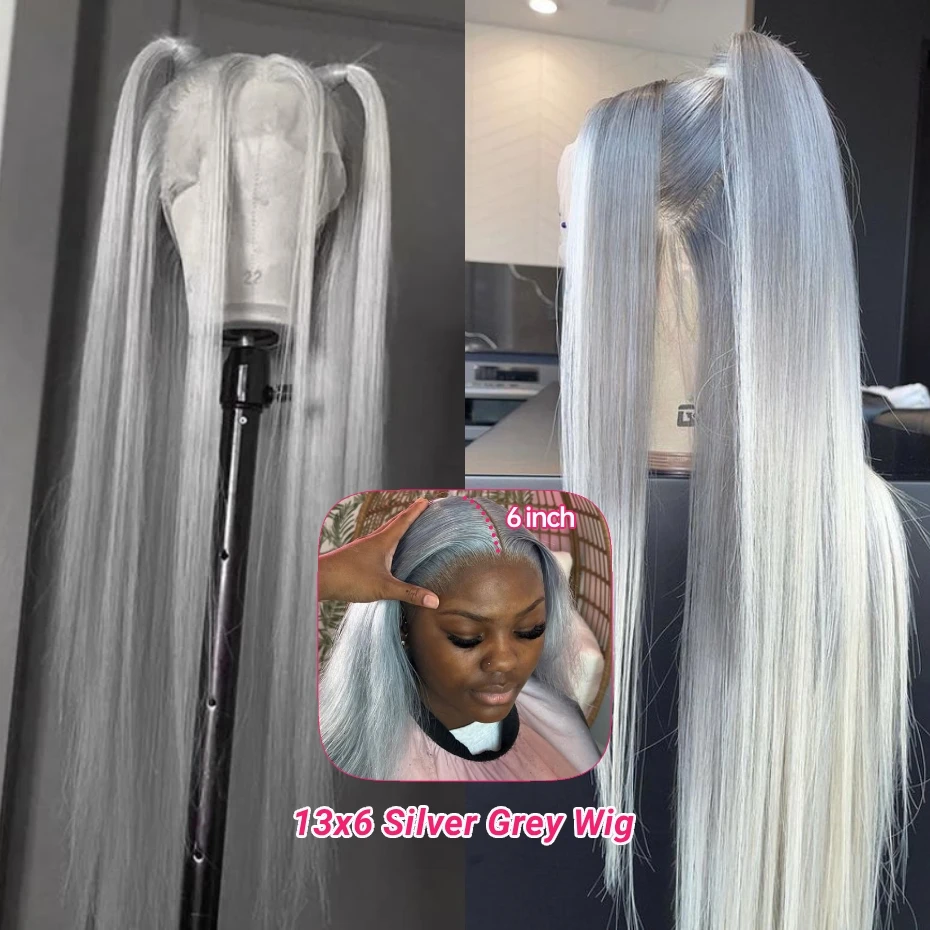 

13x6 Silver Grey Lace Front Wig Remy Human Hair Bone Straight Gray HD Transparent Lace Fronal Wigs For Women Pre Plucked With Baby Hair 40 42 44 inch