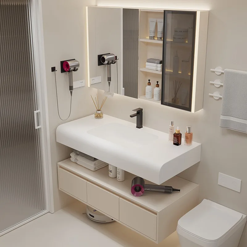 

Кремовый ветер, простой гостиничный шкаф для ванной комнаты, комбинация Qimeishi, встроенная раковина, туалет, стол для мытья рук, шкаф для умывальника