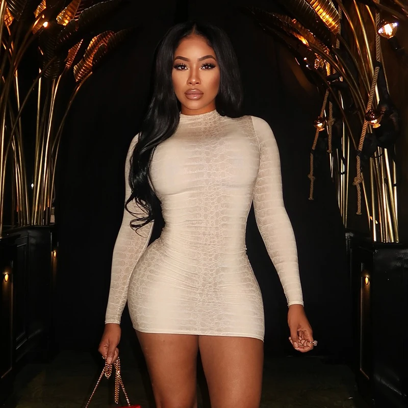 CUTENOVA 秋の新作ホットティーガール長袖フィットスネークプリントスタンドカラーボディコンミニドレスエレガントでスタイリッシュなストリートウェア