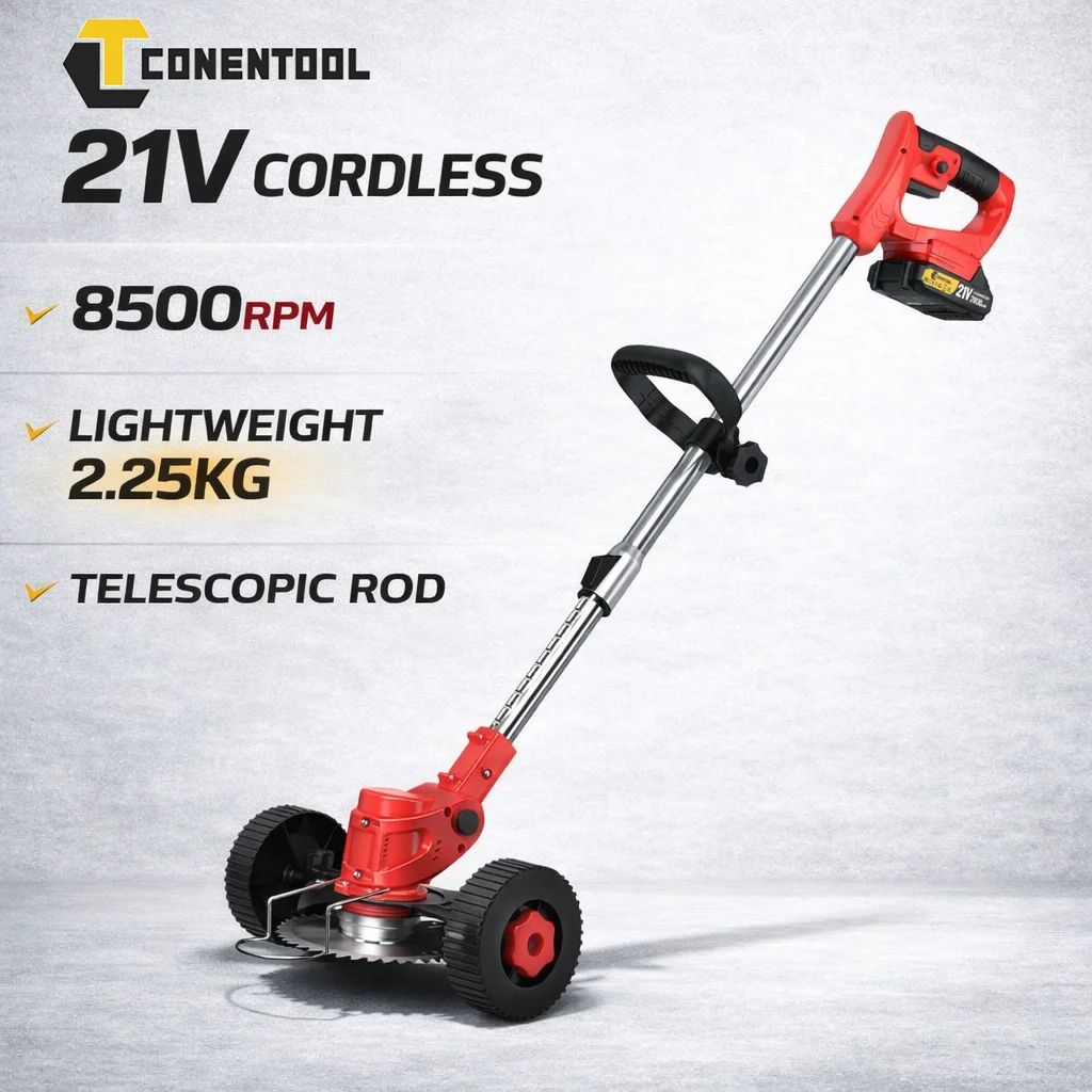 Conentool Kabelloser Rasentrimmer 21V 650W Unkrautschneider mit Teleskopstange 5 Klingen 8500 U/min Akku-Rasenkantenschneider für Garten und Hof